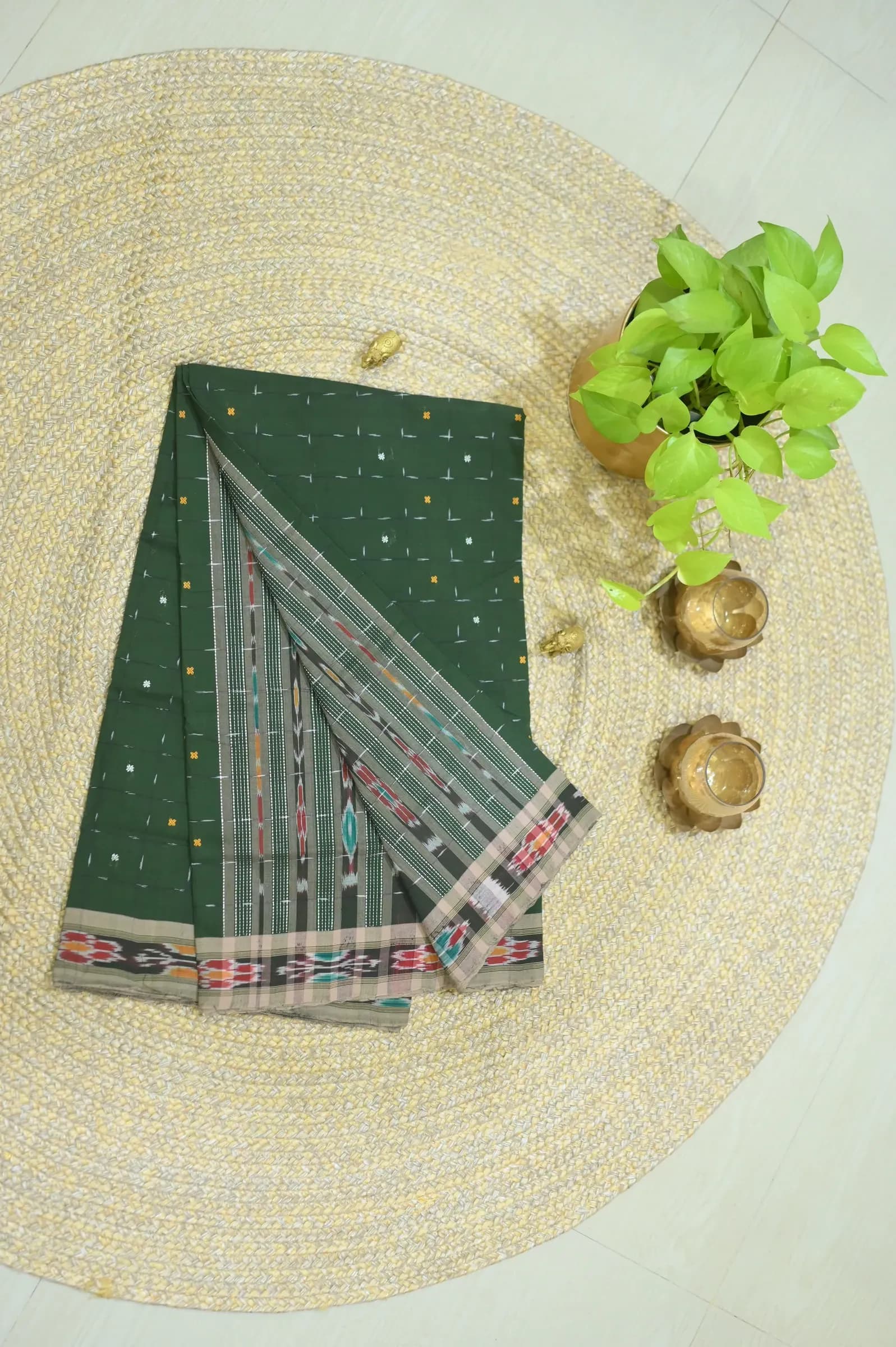 Handwoven Sambalpuri Cotton Saree – Deep Green with Traditional Ikat Border, photo 1 of 10