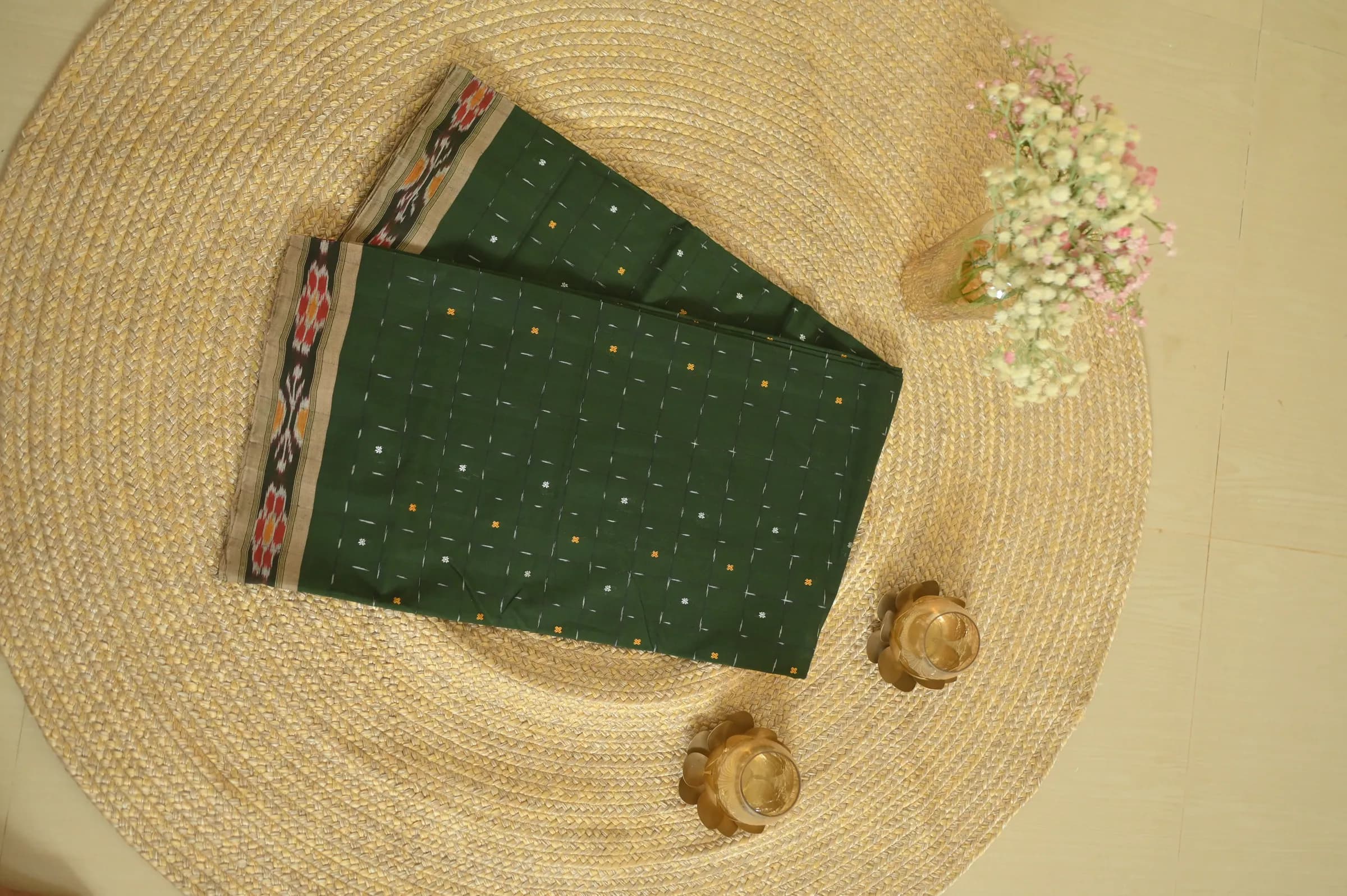 Handwoven Sambalpuri Cotton Saree – Deep Green with Traditional Ikat Border, photo 10 of 10