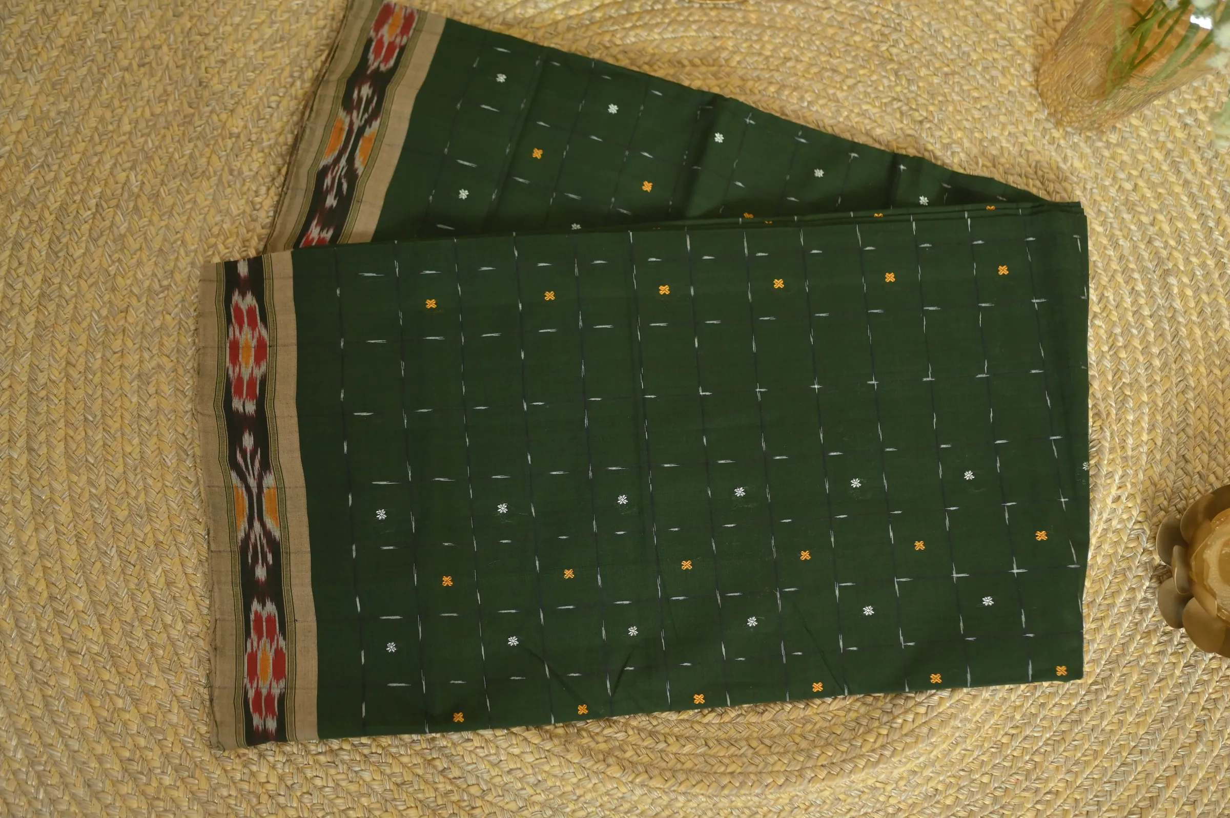 Handwoven Sambalpuri Cotton Saree – Deep Green with Traditional Ikat Border, view 8 of 11