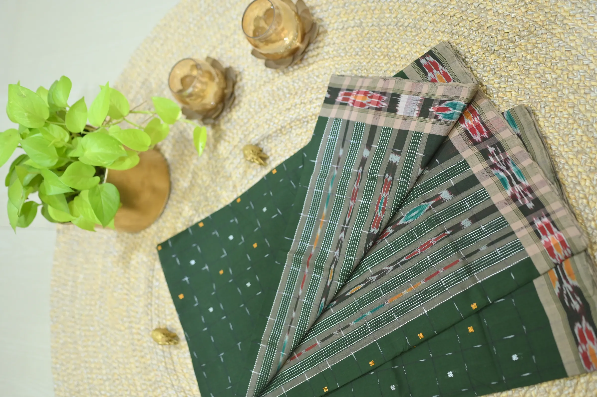Handwoven Sambalpuri Cotton Saree – Deep Green with Traditional Ikat Border, view 6 of 11
